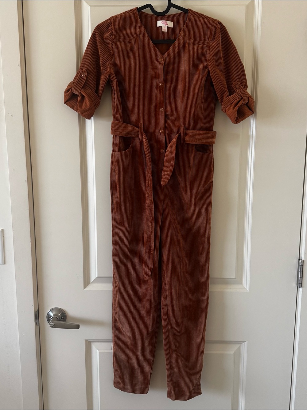 GB girls Corduroy V-Neck Jumpsuit in Rust Brown